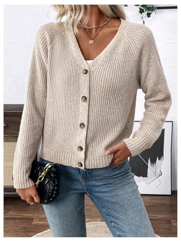 MakeMeChic Women's V Neck Button Down Long Sleeve Cardigan Sweater Drop Shoulder Ribbed Knit Outerwear3