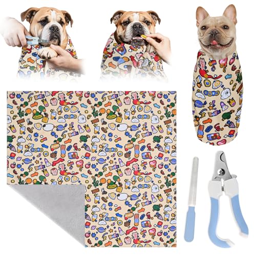 Image of Cat Grooming Wrap & Dog Restraint Bag with Pet Nail Clippers Kit, 32x32in Self Adhesive Cat Wrap for Nail Clipping Multifunctional Care, Anti-Escape Soft Blanket Swaddle Within 22lbs