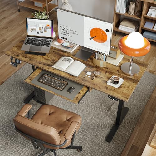 Image of Agilestic Height Adjustable Desk with Keyboard Tray, 63 x 24 Inches Electric Standing Desk, Stand up Computer Table with Memory Preset, Modern Lift Motorized Gaming Workstation, Rustic Brown