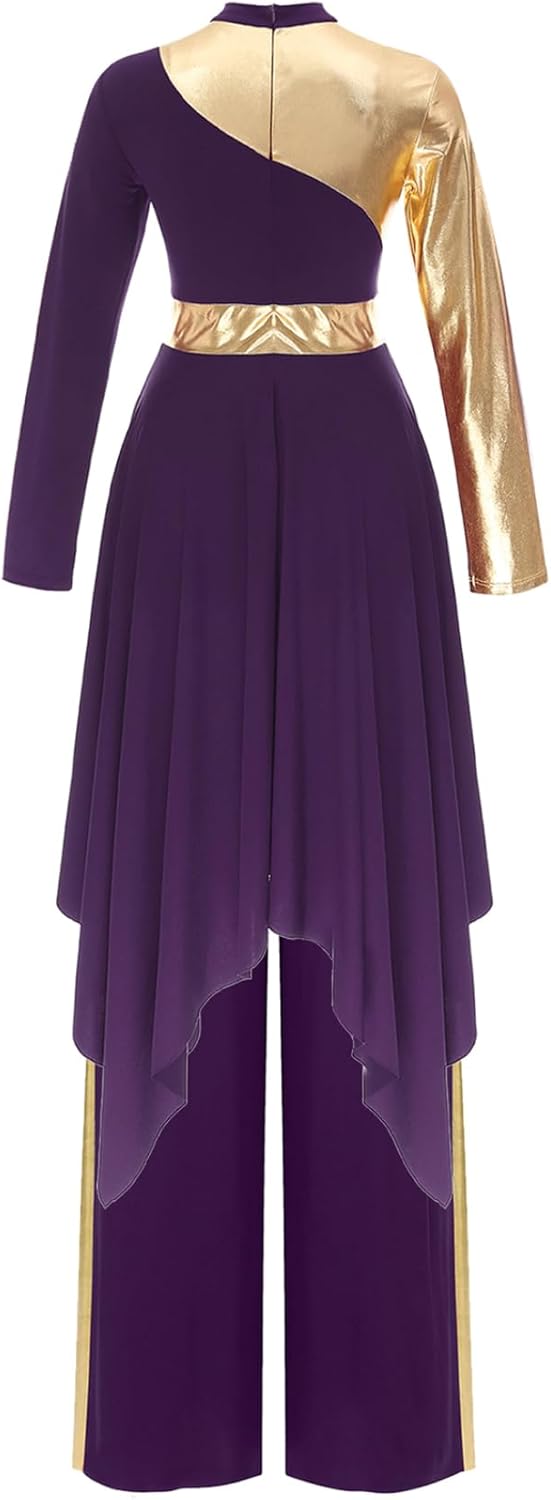 Women's Lyrical Praise Dance Costume 2 Pieces Outfits Worship Dance Dress with Wide Leg Pants