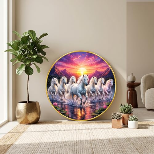 Image of SAF 7 Horse Vastu Round Wall Painting with Premium PVC Golden Frame, White Running Horses Mountain Sunrise Lake Art for Living Room Office Home Decor Gift (16 x 16 Inch) GRM-441
