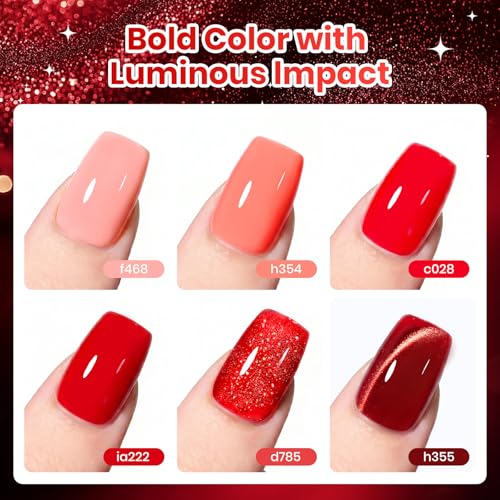 Image of Beetles Red Gel Nail Polish Set, Neon Flame Summer Shimmer Gel Polish, 6 Colors Coral Pink Cherry Red Burgundy Iridescent Gel Nail, Soak Off Uv DIY Manicure Set Gift for Women