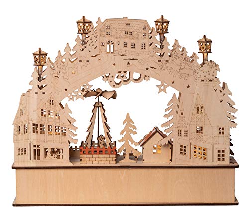 Wichtelstube-Kollektion XL Schwibbogen mit drehender Pyramide inkl. Trafo und Timer Schwippbogen mit Bewegung und Podest Unterbank Premium Holz 45 x 12 x 38cm