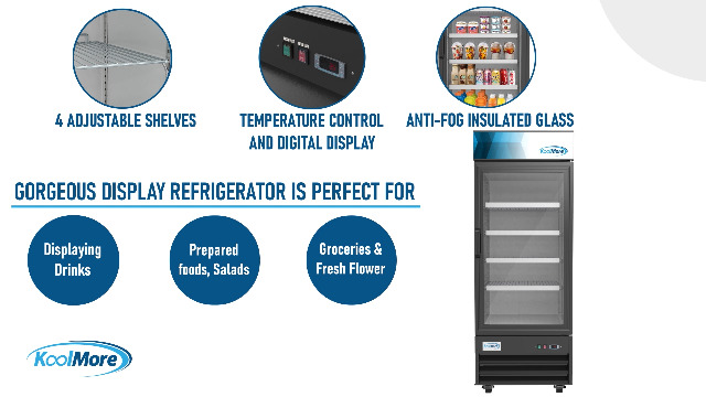 Image of KoolMore MDR-1GD-23C Commercial Glass 1 Door Display Refrigerator Merchandiser - Upright Beverage Cooler with LED Lighting - 23 Cu. Ft., Black