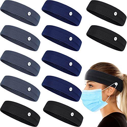 12 Pieces Button Headband Yoga Sports Workout Turban Headwrap Ear Protection Holder Headband Non-slip Elastic Sports Hairbands with Button (Grey, Navy Blue, Black)