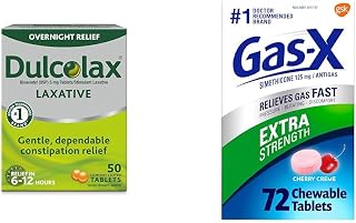 Overnight Relief Laxative for Gentle Constipation Relief, Bisacodyl 5 mg Tablets, 50 Count & Gas-X Extra Strength Chewable Gas Relief Tablets with Simethicone 125 mg for Bloating Relief