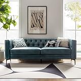 HULALA HOME 84' W Faux Leather Sofa, Mid Century Modern Couch with Metal Legs and Button Tufted, 3 Seater Contemporary Upholstered Couches for Living Room, Entertainment Area, Apartment, Blue