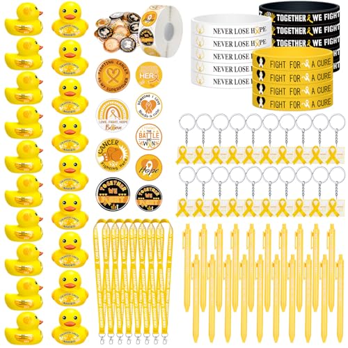 1140 Pcs Childhood Cancer Awareness Items, Yellow Rubber Duck Plastic Pens Silicone Wristbands Acrylic Keychains Ribbons Badges Stickers, Cancer Awareness Gifts for Friend Family Students Fundraiser