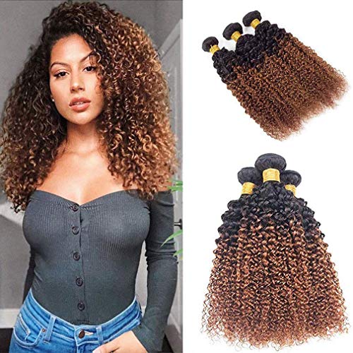 Ombre Human Hair 3 Bundles Brown Kinky Curly 1B/30 Color Human Hair 8A Grade Soft Brazilian 100% Human Hair Extensions (14"16"18") Inch