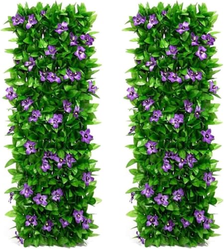 2PCS Artificial Ivy Fence Screening - 200x40cm Expandable Faux Ivy Privacy Fence Screen, Stretchable Artificial Hedge Screening with Artificial Ivy, Violet Flower, AntiUltraviolet