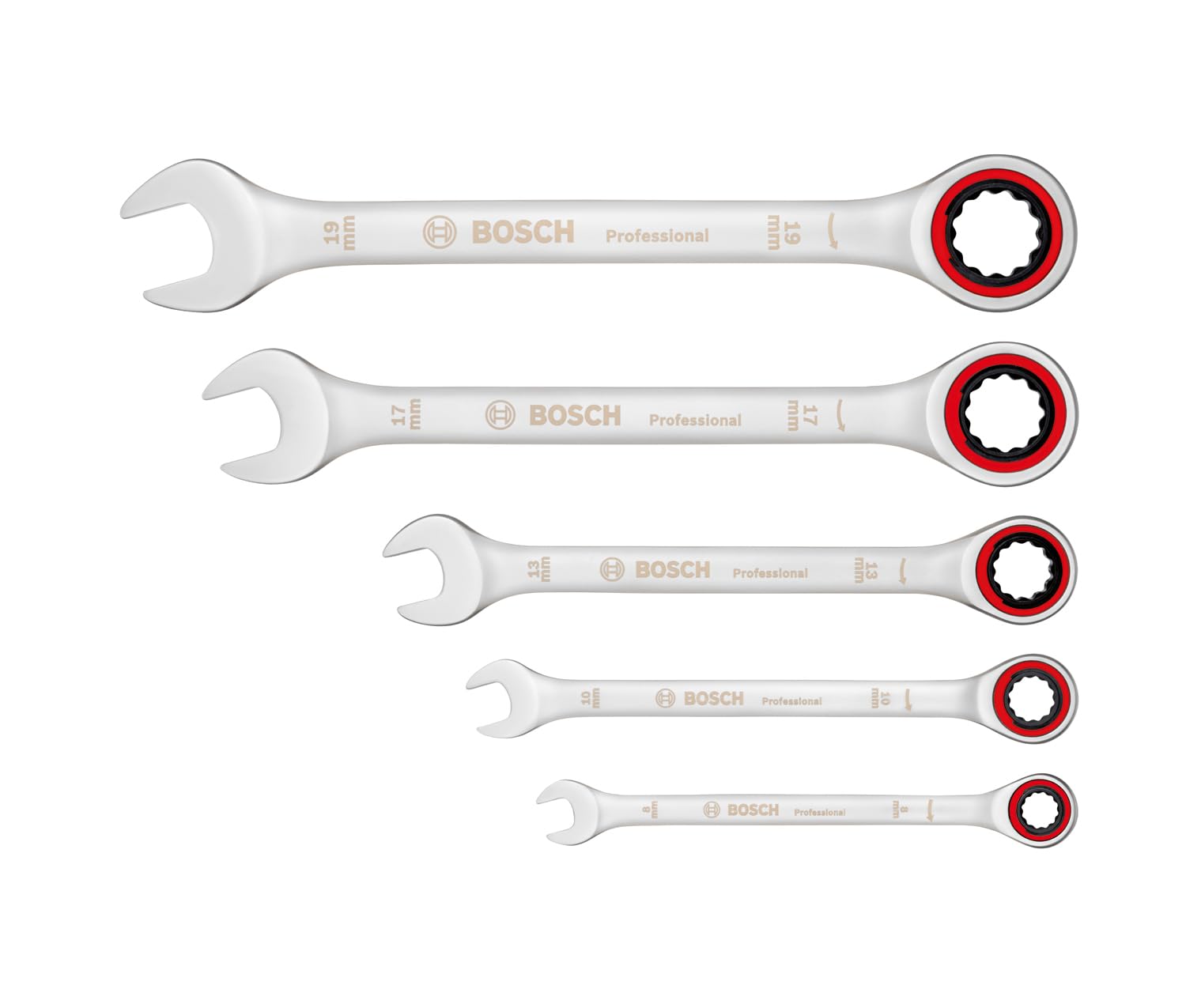 Bosch Professional set de clés mixtes à cliquet (5 pièces, tailles standard 8 mm-19 mm, acier chrome vanadium, dans trousse pliante en toile)