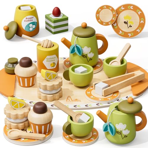 Wooden Tea Party Set for Toddlers 3-5 with Desserts Honey Dipper Girls Boys