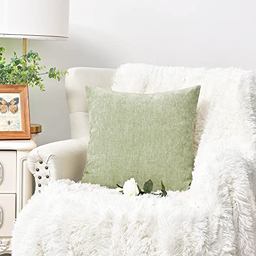 Image of CaliTime Pack of 2 Cozy Throw Pillow Covers Cases for Couch Sofa Home Decoration Solid Dyed Soft Chenille 12 X 12 Inches Sage,Green