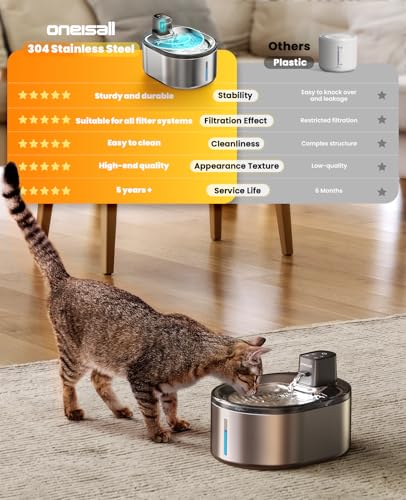 oneisall 4L Trinkbrunnen für Katze Kabellos Edelstahl, Katzenbrunnen Kabellos mit Bewegungsmelder, 60 Tage Betriebszeit pro Ladung, super Leise Pumpe, Filter, Wasserbrunnen für Katzen, Kleiner Hund