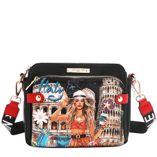 Nicole Lee MARTHA TRAVELS ITALY Crossbody Bag, Vegan Leather, 3 Compartments, Rhinestone Design