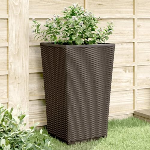 Lot de 4 pots de fleurs en polypropylène aspect rotin marron 32,5 x 32,5 x 57 cm - Jardinière d'extérieur pour parterres de jardin, parterres surélevés, parterres de fleurs et jardinières, légumes
