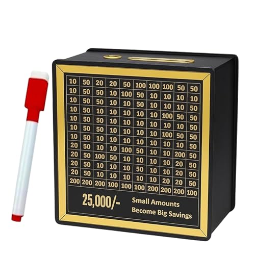 Image of Dr.Mashur Wooden Money Bank with Lock, Vintage Coin & Cash Saving Box for Kids and Adults, Reusable Piggy Bank for Home Decor and Gifting (1, 25 k Money Box-Pen)