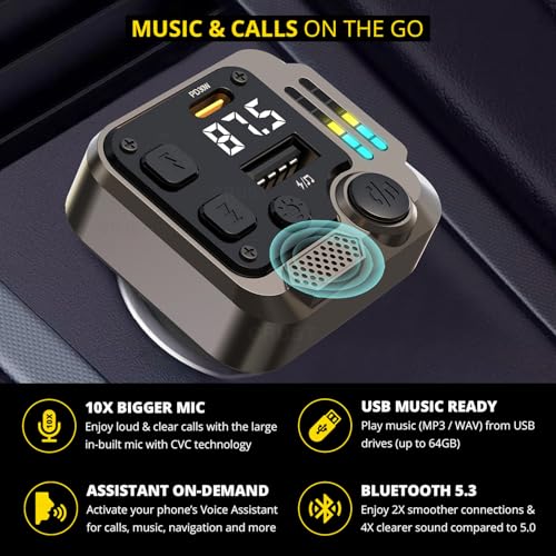 Image of CRUST CS60 Car Bluetooth Receiver Device for Music System, FM Transmitter, Big Mic for Hands-Free Calling, 45W PD /USB Fast Car Charger, BT v5.3, Music-Sync Lights, USB MP3 Playback, Metal Rim Design