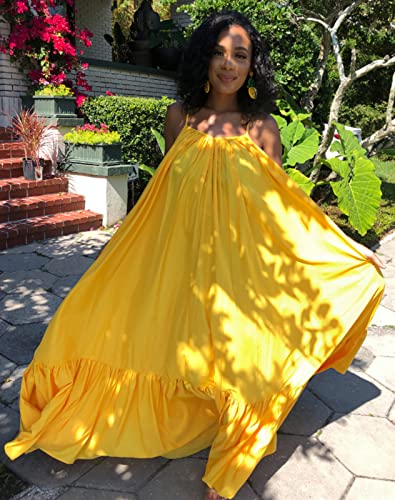 Womens Sexy Sleeveless Spaghetti Strap Dress Ruched Ruffle Hem Beach Loose Long Maxi Swing Dress Plus Size4
