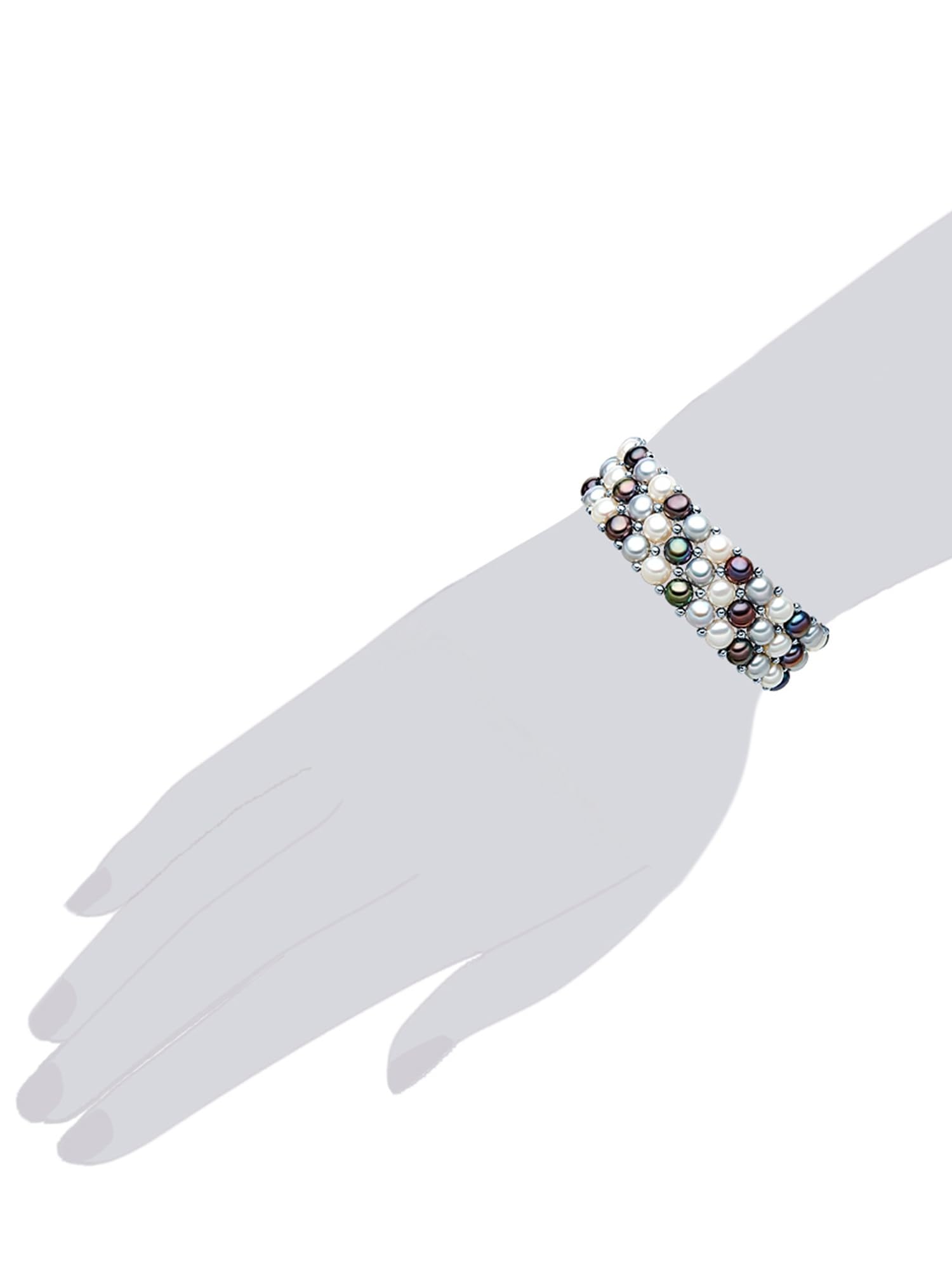 Valero Pearls Damen Perlenarmband Dreireihig mit Süßwasser-Zuchtperlen bunt | Perlengröße 5-6 mm,Button-Form,Multicolor,Weiß,Silber,Pfauenblau,Armband,Perlenschmuck,1,8cm Breit,Nylon,19 cm,flexibel