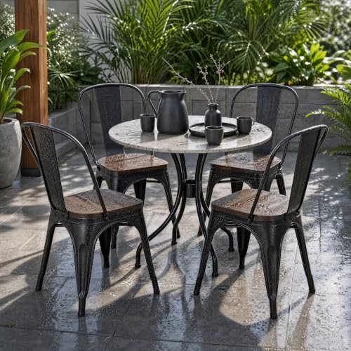 Image of Furmax Metal Dining Chairs with Wood Seat, Indoor-Outdoor Use Stackable Chic Dining Bistro Cafe Side Metal Chairs Set of 4(Black)