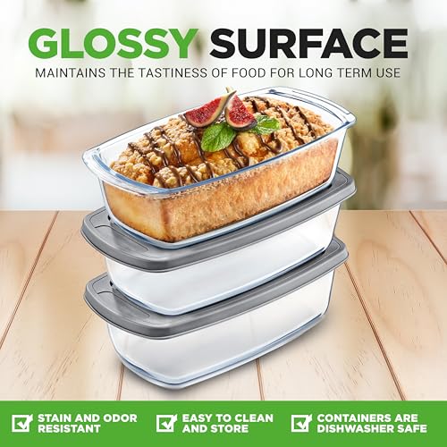 Image of NutriChef 3-Piece Glass Loaf Pan Set - 1.9 QT Premium Stackable Food Containers w /Airtight Locking Lid - Oven, Microwave, & Dishwasher Safe - 62oz Bread Pan Dish, Clear Glass (Pack of 4)