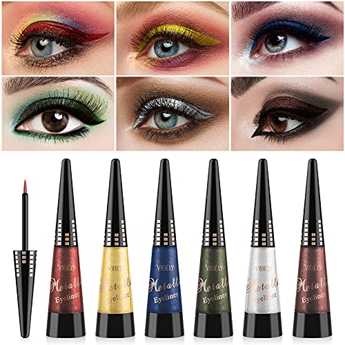 6 Colors Liquid Glitter Eyeliner Set, Metallic Shimmer Glitter Eye Makeup, Waterproof Long Lasting Red Gold Blue Brown Silver Sparkling Pigment Eye Liner Kit for Party Festival