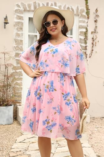Image of Keluummi Plus Size Wedding Guest Dress for Curvy Women, Boho Floral Empire Waist Midi with Sleeve