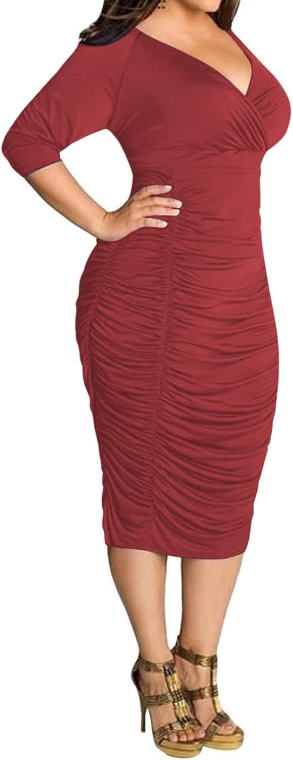 Yajedo Women's Plus Size Bodycon Sexy V Neck Short Sleeve Ruched Cocktail Midi Dresses - Image 2