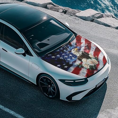 Image of Bald Eagle Flower USA Flag Car Hood Cover Protector 59x39 Inch Stretchable Auto Hood Wrap Blankets Waterproof Sun Proof Auto Patriotic Decorations for SUV Sedans Trucks