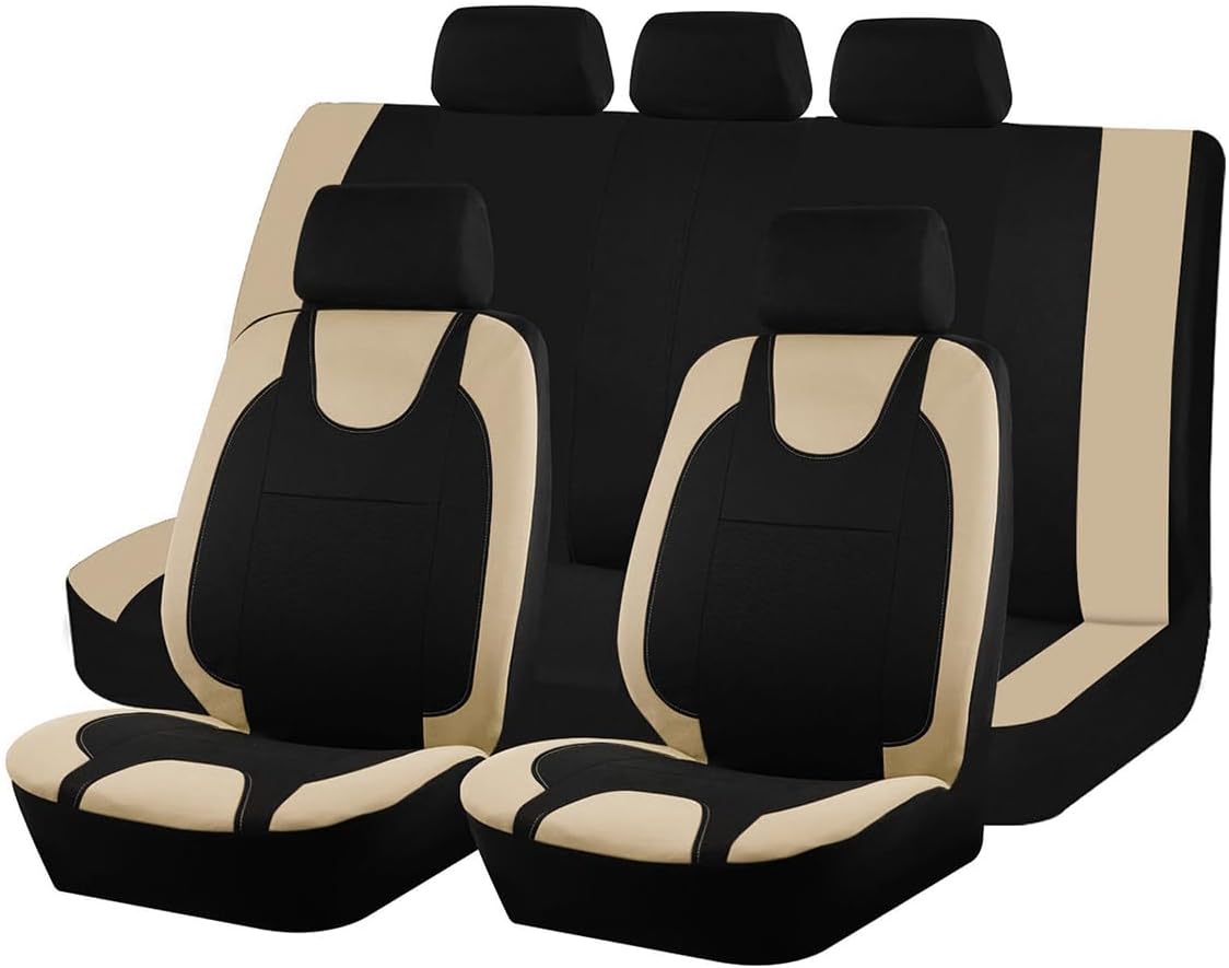 Car Seat Covers Full Set, Split Waterproof Polyester Mesh Vehicle Front and Rear Seat Protectors, All-Weather Automotive Interior Chair Cushion, Universal for Automobile RV Truck (Beige)