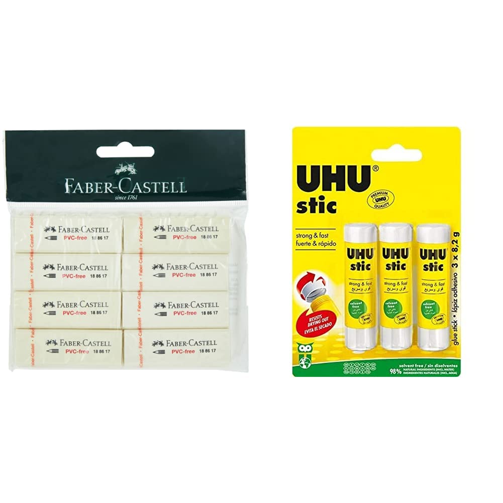 Pvc-Free Eraser Big Poly Bag Of 8Pc & Solvent Free Glue Stick 8.2Gm 3Pc, Clear,The Proven Glue Stick - Glues Strongly, Quickly And Permanently, Without Solvent, 041275