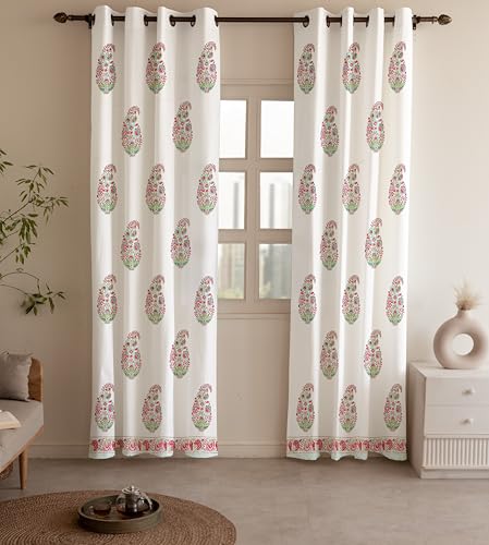 Image of LINENWALAS Decorative Printed Cotton Semi Sheer Curtains 7 Feet Long Set of 2 Panel, Eyelet Ring Hanging, Paisley Bloom Curtains for Children Room, Living Room, Home Decor (L-7 x W-4.5 Feet), White
