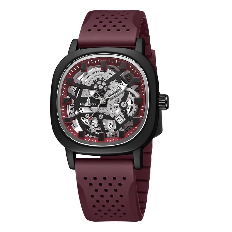 Image of London Fog Strand Collection Skeleton Style Quartz Watch for Men with Cushion Shaped Case, Date Display, Luminous Hands & Baton Hour Markers and Perforated Silicone Strap - LFM10026