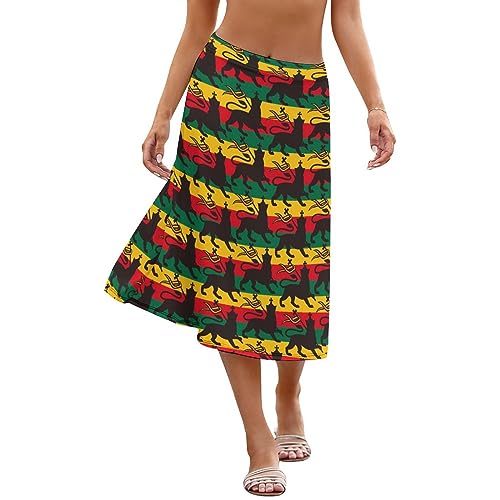 Women's Print A-Line Midi Skirt, Red Yellow Green Black