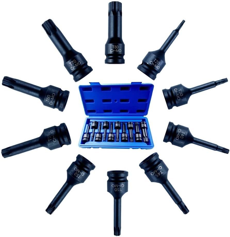10PCS Socket Bit Set, 1/2 Inch Drive Chrome Steel Star Torx-Socket Adapter T20-T80 for Professional Mechanic and Auto Repair with Storage Case