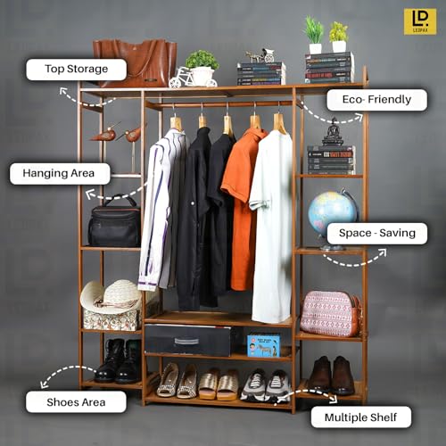 Image of LEOPAX Natural Bamboo Multipurpose 3 Layer Clothing Garment Rack Free Standing Clothes Coat Hanger, Portable Wardrobe Closet Organizer (Size - 140x30x150cm)