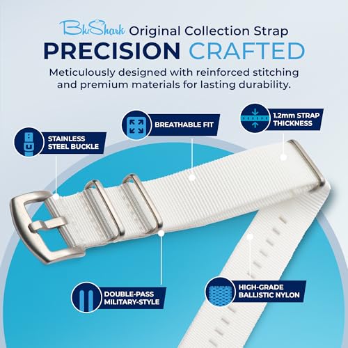 Image of BluShark - Original Collection Military-Style Waterproof Watch Strap, Fits All Timepiece Brands, Durable Nylon Wristwatch Accessories with Stainless Steel Buckle - 18mm, 20mm, 22mm & 24mm Watch Bands