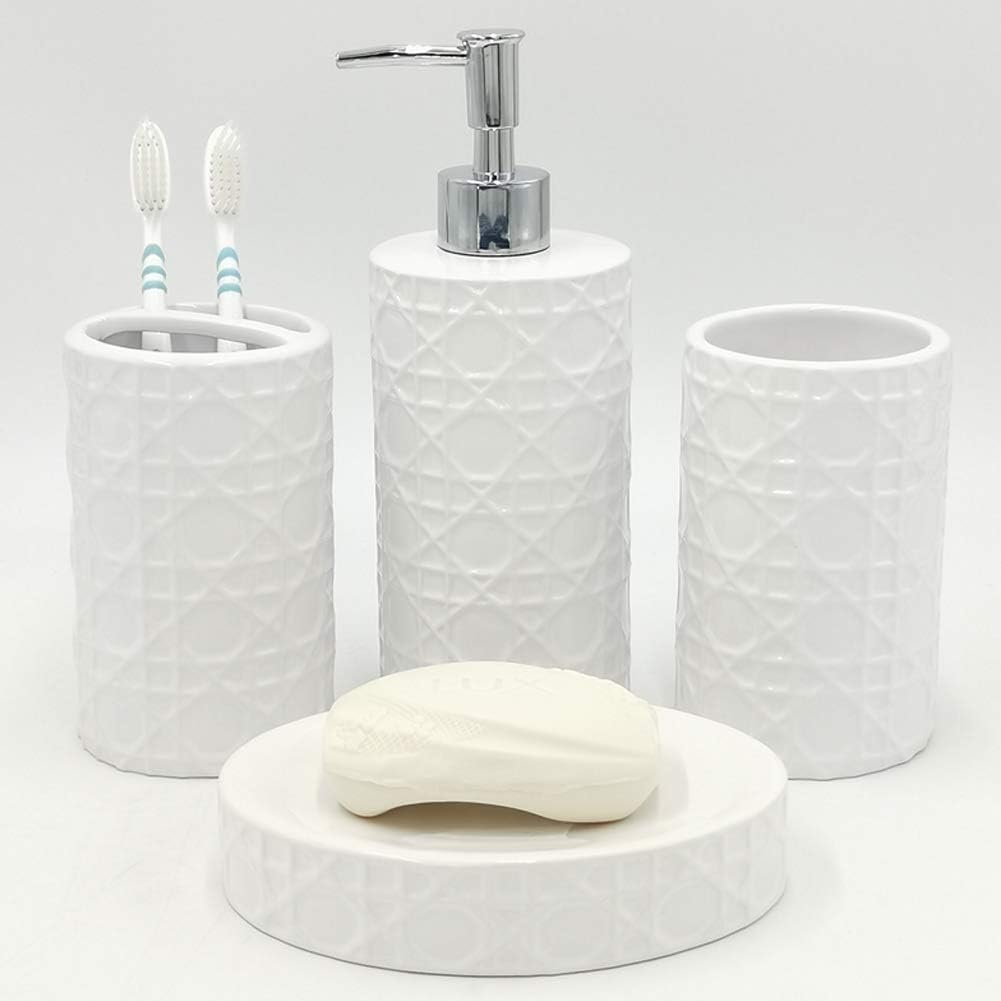 CAA'S Bathroom Accessories Set Ceramic 4 Pieces Bathroom Ensemble for Bath Decor Includes Lotion Dispenser Toothbrush Holder Tumbler Soap Dish (White Netting)