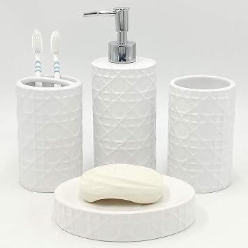 CAAS Bathroom Accessories Set Ceramic 4 Pieces Bathroom Ensemble for Bath Decor Includes Lotion Dispenser Toothbrush Holder Tumbler Soap Dish White Netting
