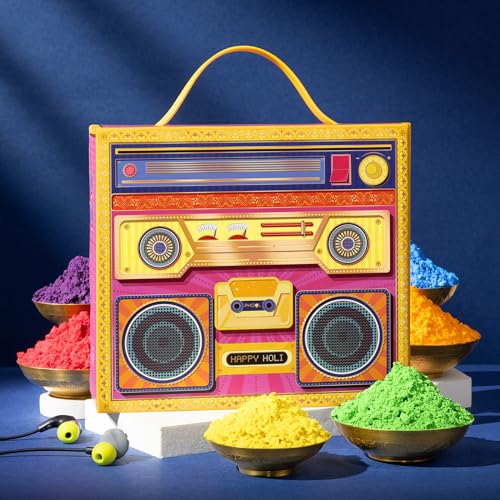 Image of Phool 6 Pack Holi Colour Boombox Party Pack -Pink Blue Green Yellow Orange Purple | 450 GMS | Herbal and Organic Colors | Skin Safe Gulal with Certificate | Holi Gulal for Kids & Family