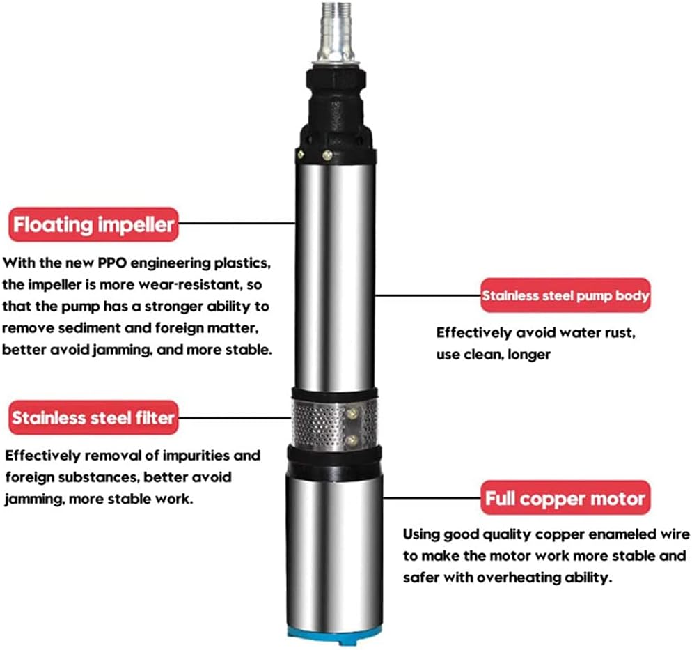DC Solar Water Pump High Lift 55m Deep Well Pump Screw Submersible Pump Stainless Steel Pump for Agricultural Irrigation Garden Fishing Boats,24v
