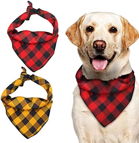 Ridjah 2 Pack Dog Bandanas, Buffalo Plaid Reversible Polyester Cotton Dog Bandanas Large and Washable Soft Hankerchief Scarf Large and Small Dogs in Red, Black, Yellow Color, Small- 16 x 16 in