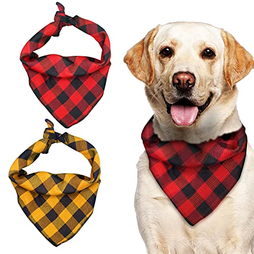 Ridjah 2 Pack Dog Bandanas, Buffalo Plaid Reversible Polyester Cotton Dog Bandanas Large And Washable Soft Hankerchief Scarf Large And Small Dogs In Red, Black, Yellow Color, Small- 16 X 16 In #TOP11