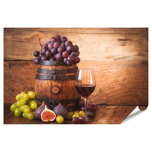 islandburner Póster XXL con imagen con vino tinto de uvas y barril sobre mesa de madera rústica, impresión fotográfica premium 130 x 90 cm Cover