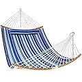 Quilted Fabric Hammock with Pillow 11 FT Double Hammock with Spreader Bar, Quilted Hammocks for Outside Heavy Duty 2 Person Hammock for Outdoor Garden Balcony, 440 Pound Capacity, Blue Stripe