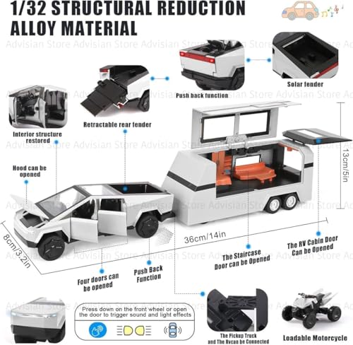 Image of 1:32 Scale Die-Cast Tesla CyberTruck with Pick-Up Trailer with 6 Openable Doors Pull Back Toy Car with Lights & MusicToy Car Gift for Kids (1:32 Cybertruck Trailer - Silver)