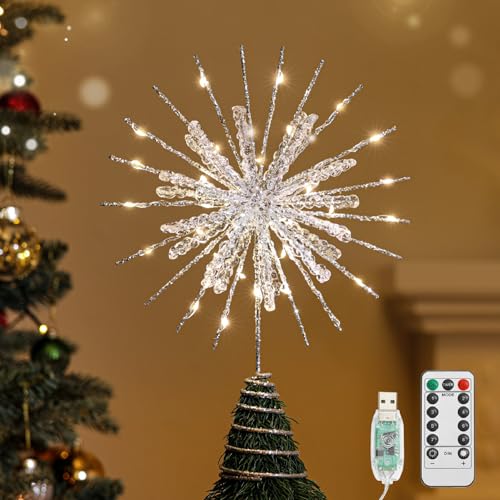 Lewondr Christmas Snowflake Tree Topper Light, Remote&USB Powered Snowflake Treetop, Xmas Tree Topper with Glittered Epoxy&30 LED Bulbs, Christmas Tree Decor for Home Party, 6H Timer&8 Modes,Silver
