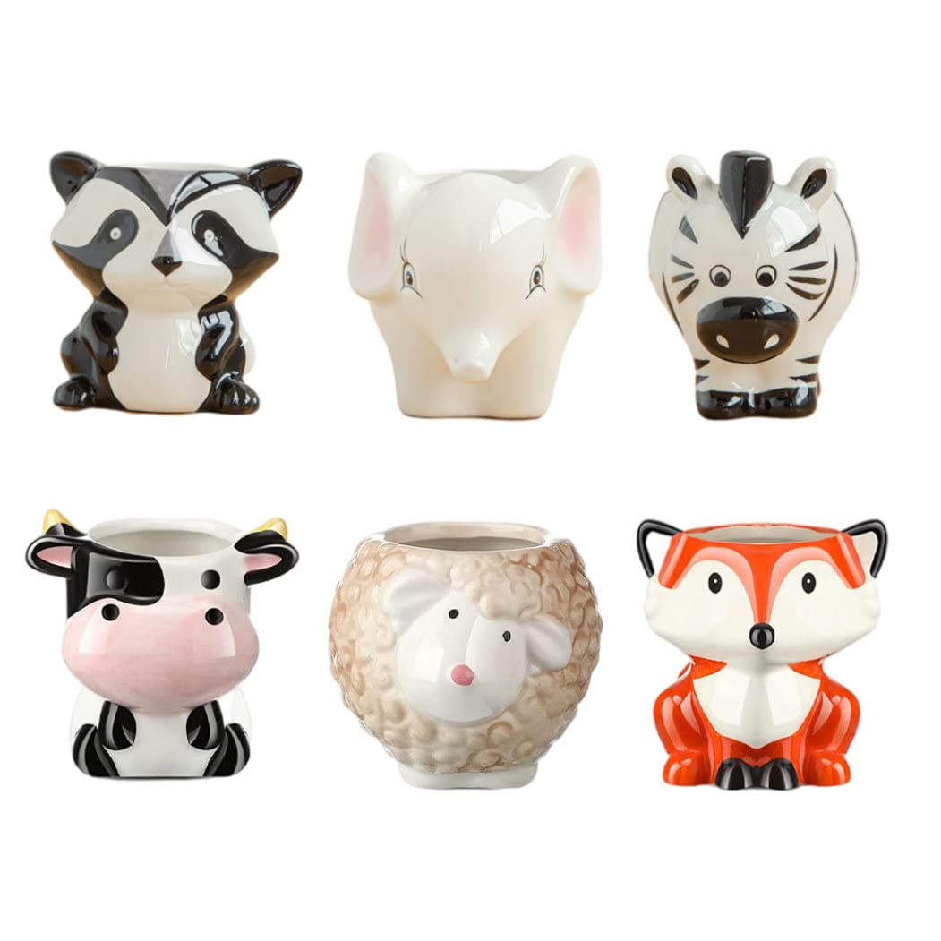 Takingup Ceramic Flower Pot, Cartoon Ceramic Flower Pot Cute Animal Shaped Planter with Drainage Hole 6Pcs - Cartoon Plant Pots