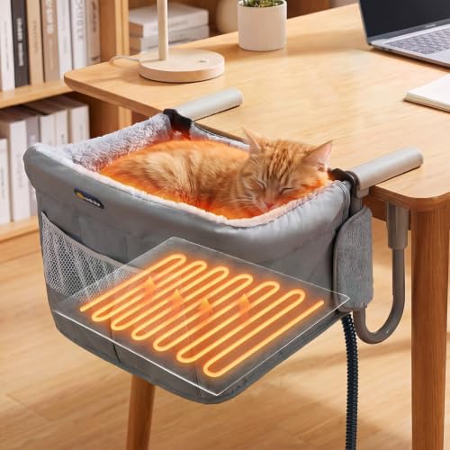 Veehoo Heated Cat Desk Bed for Large Cats, Desk Cat Bed with Heating Pad